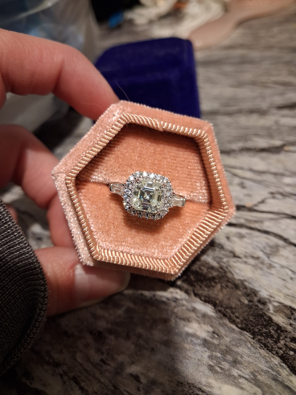 White Halo Asscher Cut Ring With Baguette Side Stones